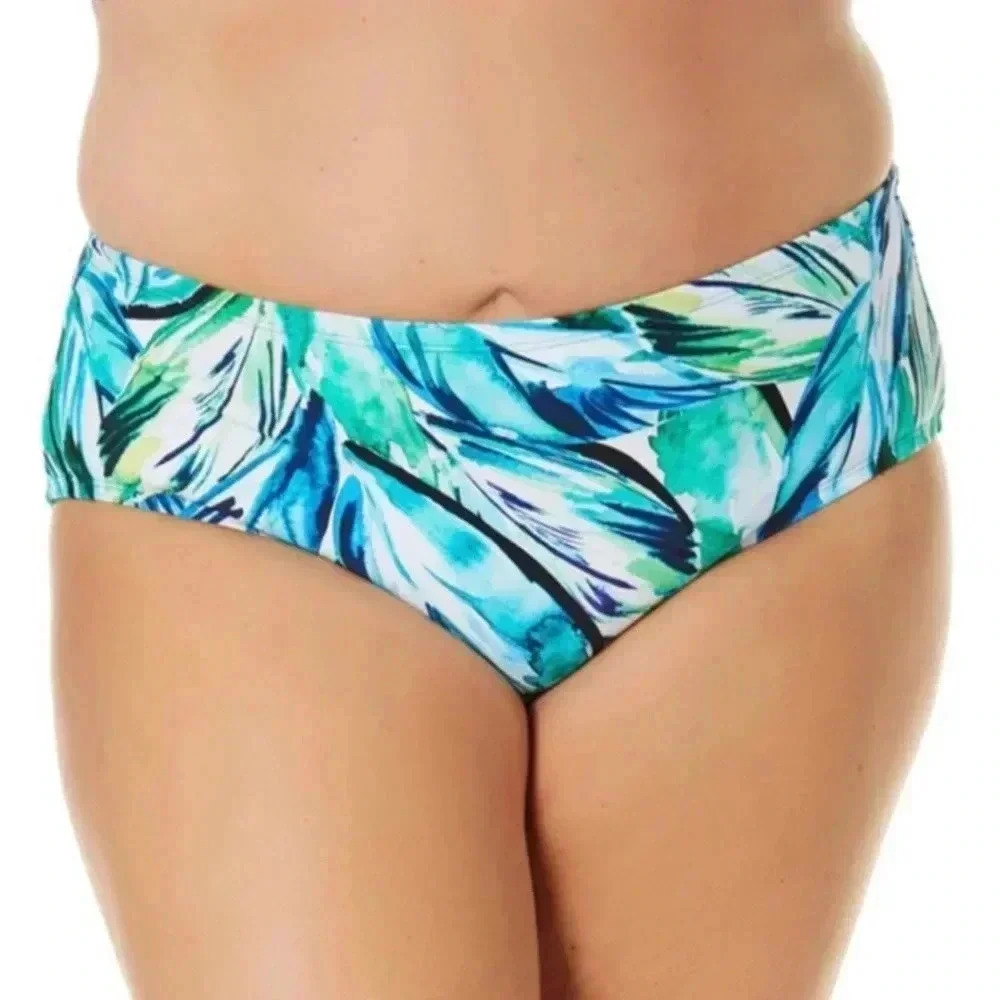 Terra Sky Bikini Swim Bottoms Plus Size Blue Green Palm Mid Rise Tummy Control